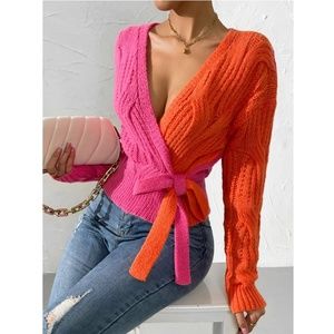 Cable Knit Wrap Cardigan Tie Side V-Neck Colorblock Pink Orange